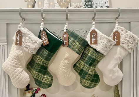 Christmas Stocking Decorating Ideas, Gold Christmas Stockings, Cute Christmas Stockings, Plaid Stockings, Plaid Christmas Stockings, Green Stockings, Family Christmas Stockings, Decorated Stockings, Stocking Designs