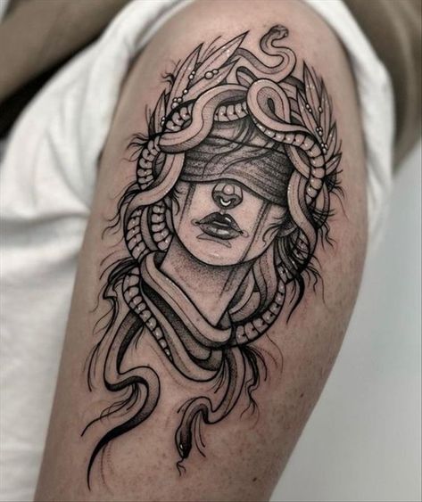 Medusa Tattoo Design Realism, Madusa Sleeve Tattoos For Women Leg, Strong Feminine Tattoos, Medusa Tattoo Hip, Medusa Leg Tattoo, Cute Thigh Tattoos, See Tattoo, Medusa Tattoo Design, Bestie Tattoo