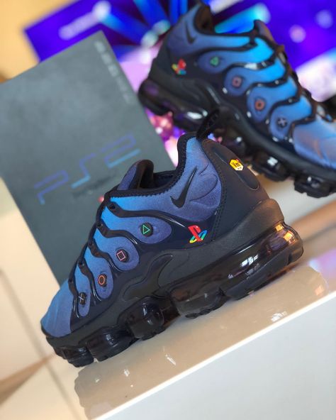 This pair of Sony PlayStation ™️ Nike Air VaporMax was assembled and photographed by.   @Sony_playstation_modding Nike Slides, Nike Shoes Outfits, Shoes Sneakers Jordans, Nike Air Shoes, Cute Nike Shoes, Fresh Shoes, Hype Shoes, Air Vapormax, Gym Shoes