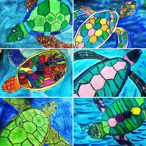 I have a Great Barrier Reef theme this semester.  Kids have loved creating sea art work.  These turtles really pop in the classroom with the oil pastels and paint wash. Ocean Art Projects, Third Grade Art, Primary School Art, Sea Turtle Art, 3rd Grade Art, Art Terms, Turtle Painting, Turtle Art, Homeschool Art