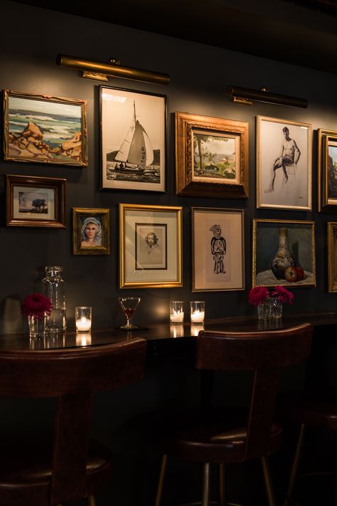 The Palladian | Interior Design - Seattle - Bar Wall Art #NICOLEHOLLIS Photo by Laure Joliet Gallery Wall Restaurant, Speakeasy Gallery Wall, Gallery Wall Basement, Moody Bar Lounge, Moody Wine Bar, Diy Wall Bar, Speakeasy Artwork, Palladian Interior, Moody Bar Design