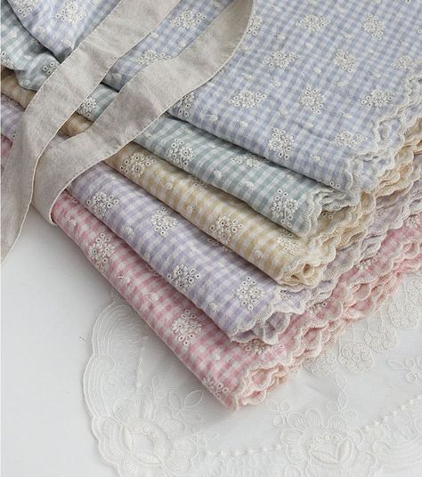 "* 100% Cotton * Woven Fabric * Bio washed (enzyme washed) for soft & natural look and feel * Colors: Pink, Purple, Yellow, Mint, Blue. Please pick one at checkout. * Size: 1 Yard = 144 cm wide x 90 cm long (56 x 36\"). Multiple yards will be cut in one continuous piece. * Great for curtain, bedding, apron, clothing, photo prop, bags, pouches, quilting, blanket, cushion, accessories and more * Matching checker fabric: https://www.etsy.com/landofoh/listing/1442844215 ----------------------------- Gingham Fabric Ideas, Cottagecore Fabric, Broderie Anglaise Fabric, Pastel Fabric, Sewing Desk, Korean Fabric, Border Embroidery, Fabric Embroidery, Gingham Fabric