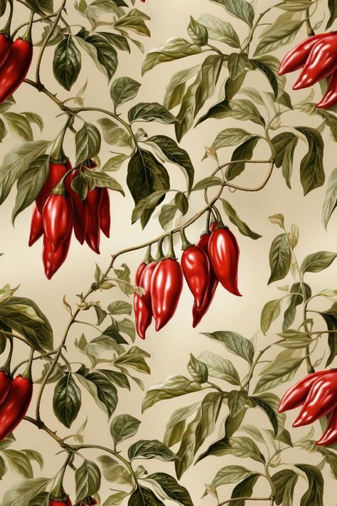 Spicy V - A captivating seamless pattern featuring hot chilis, that fits perfectly on on your chosen product ................................................................................................................................................................. spicy pepper, jalapeno print, repeatable pattern, all over print, red chili, red and green, colorful pattern, gardening, spicy chili, capsaicin, colorful duvet, pattern pillow, seamless pattern, patterncabinet, pattern cabinet Chili Pepper Wallpaper, Botanical Label Design, Jalapeno Photography, Peppers Aesthetic, Chili Pepper Tattoo, Duvet Pattern, Pepper Wallpaper, Wallpaper Farm, Repeatable Pattern