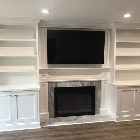 Fireplace Set Back From Built Ins, Faux Built Ins Around Fireplace, White Built Ins Around Fireplace, Recessed Fireplace With Built Ins, Built In With Fireplace, Fireplace Makeover With Built Ins, Built In Entertainment Center Fireplace, Fireplace With Cabinets On Each Side, Recessed Fireplace