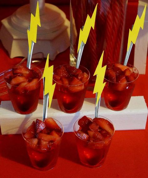 Check out these awesome jello and strawberry desserts at this Flash birthday party. See more party ideas and share yours at CatchMyParty.com White Birthday Party Ideas, White Birthday Party, Marvel Party, Avengers Party, Guidance Lessons, Batman Party, Hollywood Theme, Avengers Birthday, White Birthday