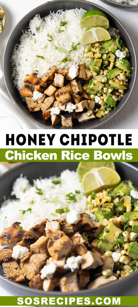 These Honey Chipotle Chicken Rice Bowls feature deliciously sweet and spicy grilled chicken topped with avocado corn salsa. They’re perfect for hearty, healthy weeknight dinners. Chipotle Chicken Rice Bowl Recipe, Chicken Avocado Bowl, Sweet And Spicy Grilled Chicken, Chicken Bowls Healthy, Avocado Corn Salsa, Honey Chipotle Chicken, Spicy Grilled Chicken, Avocado Bowl, Healthy Bowls Recipes