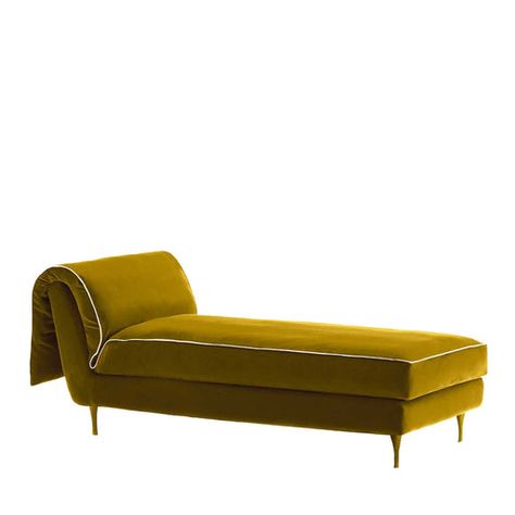 This harmonious and elegant daybed, designed by ddp Studio, proposes a plush design with a fold-up back cushion to enjoy moments of authentic relax. Raised on four upholstered feet, the design comprises a solid beech frame equipped with steel springs and jute belts and is generously padded with latex, cotton, and a layer of goose down. The luxurious upholstery is accented with contrasting piping. Entirely Italian handmade with 100% natural and biodegradable materials. Gold Daybed, Mustard Yellow Chaise Lounge, Chaise Lounge Retro, Yellow Chaise Lounge, Yellow Velvet Chaise Lounge, Contemporary Sofa, White Gloves, Furniture Maker, Folded Up