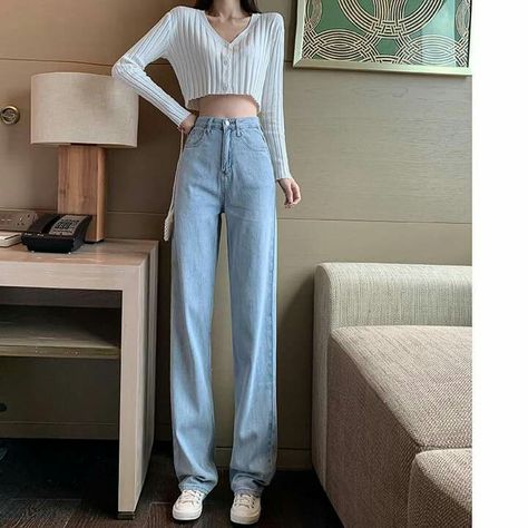 Tall Girl Outfits, Korean Jeans, Jeans Female, Korean Fits, Korean Casual Outfits, Kawaii Fashion Outfits, Denim Pants Women, Korean Girl Fashion, Causual Outfits