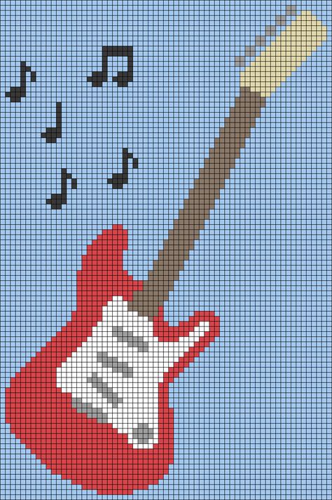 Guitar Alpha Pattern, Guitar Pixel Art, Music Cross Stitch, Electric Guitar Music, Guitar Patterns, Stained Glass Quilt, Macrame Wall Hanging Patterns, Pixel Crochet, Graph Paper Art