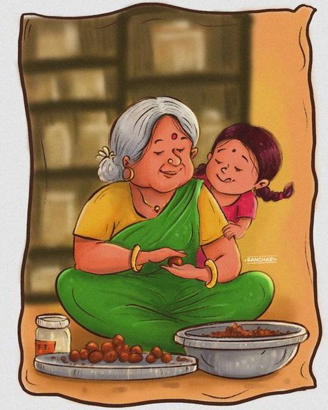 Indian Grandma Illustration, Childhood Memories Art Nostalgia, Childhood Memories Drawing, Cute Grandma Drawing, Lord Lakshmi Images, Grandma Drawing, Village Family, Simple Characters, Cartoon Grandma