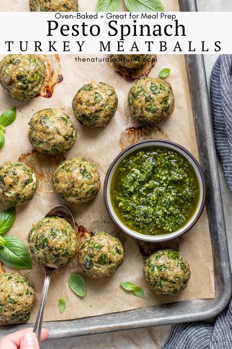 Key title: Pesto Spinach Turkey Meatballs. Above text: Oven-Baked + Great for Meal Prep Spinach Garlic Baked Turkey Meatballs, Turkey Kale Meatballs, Turkey Meatballs Meal Prep, Pesto Meals, Meal Prep Meatballs, Pesto Turkey Meatballs, Spinach Turkey Meatballs, Meal Prep Turkey, Turkey Pesto Meatballs