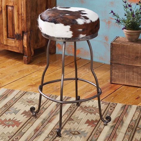 Vaquero Cowhide Barstool Western Bar Stools, Cowhide Bar Stools, Silver Bar Stools, Horse Items, Western Bar, Modern Rustic Furniture, Diy Deck Furniture, Round Bar Stools, Black Forest Decor