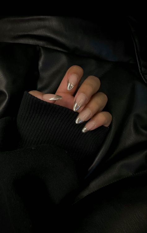 Almond, chrome nails, trendy, french tip Black Chrome Nails With Rhinestones, Black French Chrome Nails, Black French Tip Chrome Nails, Black French Tip Chrome, Black Chrome French Tip Nails, Black Chrome Nails, Black French Manicure, Black French Tips, Black French