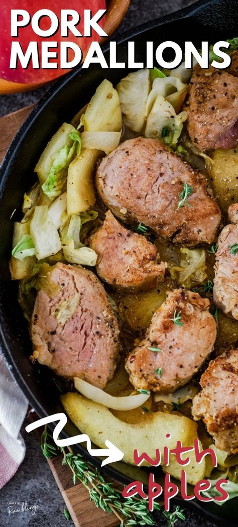 This quick recipe for Pork Medallions with apples and cabbage makes a convenient and easy fall dinner. Pork tenderloin is sliced into quick cooking medallions so you can have a tasty skillet dinner on the table in less than 30 minutes! Pork Medallion Recipes Skillet, Pork Medallions With Apples, Pork With Cabbage And Apples, Pan Seared Pork Tenderloin Medallions, Apple And Onion Pork Tenderloin, Quick Fall Dinner, Pork Loin Recipes Oven, Pork Medallion Recipes, Pork Tenderloin Medallions