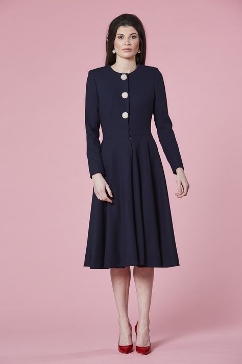 Claire Mischevani Belle Coat Dress in Navy‘Belle’ coat dress. 	Purchase Worn by Autumn Phillips on:21 April 20 Claire Mischevani, Autumn Phillips, Different Necklines, Royal Dresses, Royal Life, Lemon Dress, Chic Casual, April 20, Dress Hats