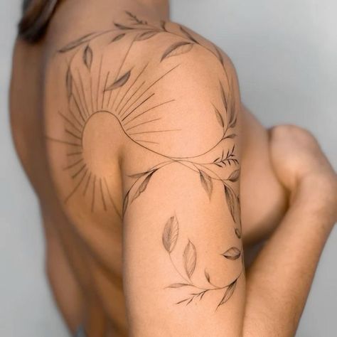 Thigh Plant Tattoo, Shoulder Sun Tattoo, Brown Ink Tattoo, Brown Tattoo Ink, Earthy Tattoos, Flower Tattoo Ideas, Upper Arm Tattoos, Tasteful Tattoos, Petite Tattoos