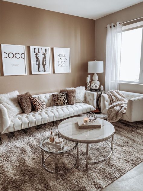 Goodbye, Apartment 325: Video Tour Neutral Glam Home Decor, Gold Apartment Aesthetic, Brown Living Room Ideas, La Apartment, Brown Living Room Decor, White Couch, First Apartment Decorating, Glam Living Room, Neutral Living Room