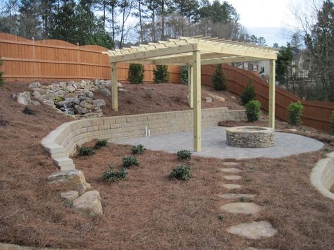 Backyard Hill Landscaping, Backyard Retaining Walls, Sloped Backyard Landscaping, Landscaping On A Hill, Sloped Yard, Fire Pit Landscaping, Sloped Backyard, Landscaping Retaining Walls, Sloped Garden