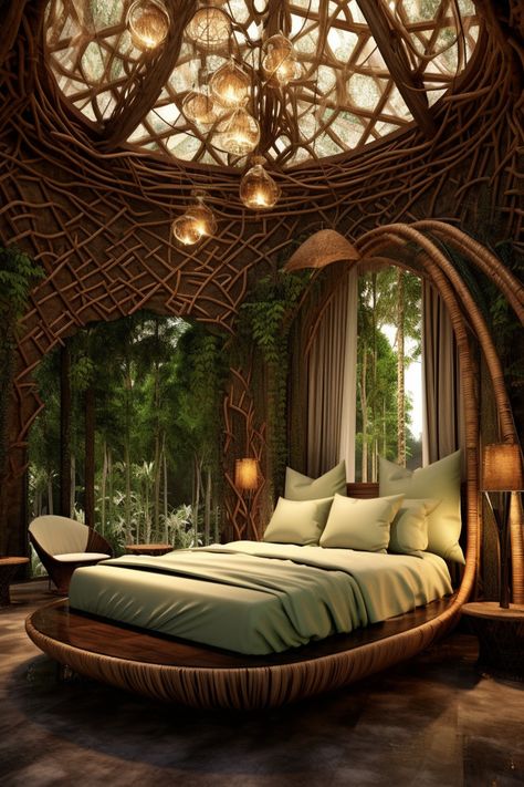 #interior #inspo #house #interior #design #home #jungle #exotic #forest #aesthetic #living #room #livingroom #cozy #apartment #luxury #inspiration #modern #timeless #aesthetichomedecor #decor #bedroom #darkjungle #vibes #dark #stonewall #stone #mastersuite #master #bamboointerior #bamboo #warm #cozy #wild #refined #promotion #affiliate Rainforest House Aesthetic, Jungle House Aesthetic, Jungle Room Aesthetic, Dark Forest Bedroom, Biophilic Bedroom, Ewok Village, Light Green Bedrooms, Modern Teen Boy Bedroom, Master Suite Bedroom