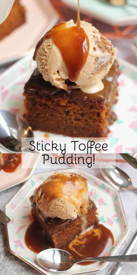 Gorgeous, Rich and Delightful Homemade Sticky Toffee Pudding with Homemade Sticky Toffee Sauce and served with Ice Cream! Toffee Cake Recipe, Sticky Toffee Pudding Cake, Janes Patisserie, Pitted Dates, Toffee Sauce, Toffee Pudding, Sticky Toffee Pudding, Christmas Recipe, Sticky Toffee