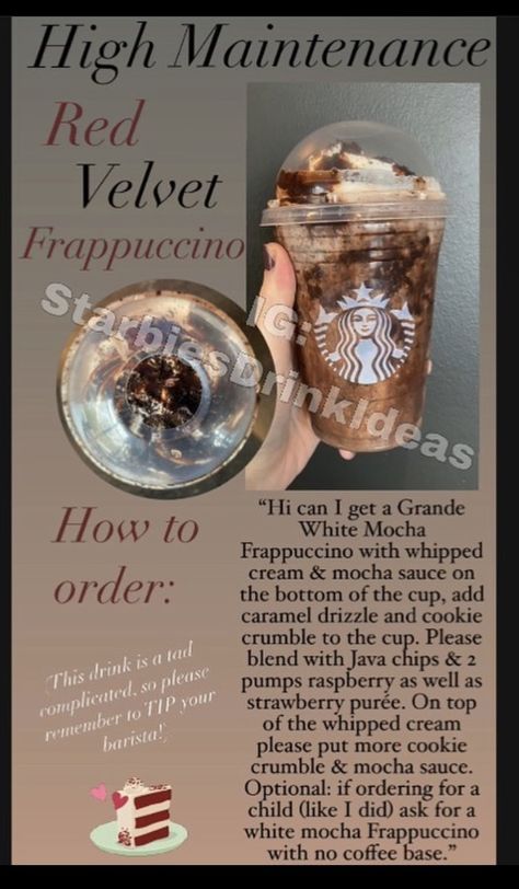 Frappe Flavor Ideas, Red Velvet Frappe, Starbies Order, Copycat Drinks, Copycat Starbucks Drinks, Coffee Orders, Starbucks Secret Menu Recipes, Slow Days, Starbucks Orders