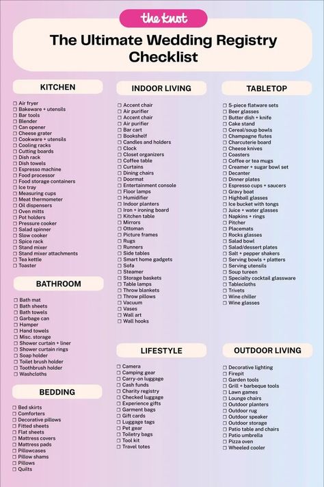 The Essential Wedding Registry Checklist for 2024 Couples Wedding Registry Checklist Printable, Bridal List, Wedding Registry Essentials, Bridal Shower Registry, Wedding Registry Checklist, Bridal Things, Amazon Wedding Registry, Registry Essentials, Jasmine Wedding