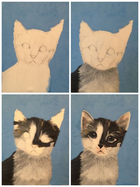 Painting Cats Acrylic, Simple Cat Painting, Painting With A Twist Ideas, Cat Painting Acrylic, Acrylic Painting Cat, Pintura A Guache, Cat Portrait Painting, Up Painting, Seni Cat Air