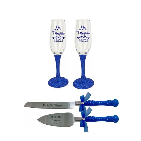 Royal Blue Wedding Cake, Blue Stemware, Blue Wedding Decorations, Champagne Toasting Flutes, Cake Servers, Wedding Cake Server, Cake Server Sets, Wedding Flutes, Toasting Glasses