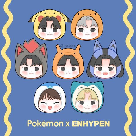 Enhypen Cartoon Character, Enhypen Chibi Fanart, Enhypen Character, Enhypen Gift Ideas, Pokemon Enhypen, Enhypen Animal Characters, Enhypen X Pokemon, Enhypen Crochet, Anime Enhypen