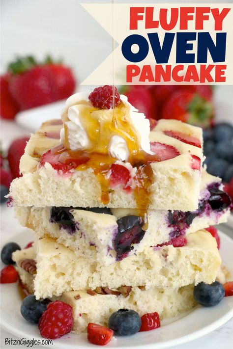 Fluffy Oven Pancake - Fluffy and soft sheet cake pancake, perfect for serving a crowd! Topped with maple syrup, your choice of fresh berries and whipped topping, this recipe is sure to become a family favorite! #bitzngiggles #oven #pancake #sheetpan #pancakes #recipe #breakfast #Christmas Sheet Cake Pancakes, Frozen Strawberry Smoothie, Oven Pancake Recipe, Oven Pancake, Breakfast Christmas, Oven Pancakes, Breakfast Casseroles, Recipe Breakfast, Chocolate Chip Pancakes