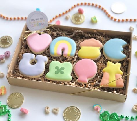 Lucky Charm Baby Shower Theme, Lucky Charm Baby Shower Ideas, Lucky Charm Party, Lucky Charms Cookies, Easter Boxes, Cutout Cookie, St Patrick's Day Cookies, Spring Baking, Easter Sweets