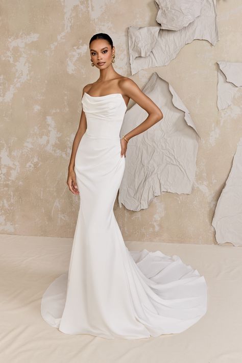 Justin Alexander Signature - Style 99313: Charmeuse Fit and Flare Gown with Strapless Cat Eye Draped Neckline Elegant Fit And Flare Wedding Dress, Simple Timeless Wedding Dress, Wedding Dresses Fit And Flare, Wedding Gown Trends, Ruched Wedding Dress, Justin Alexander Bridal, Justin Alexander Wedding Dress, Justin Alexander Signature, Floral Wedding Gown