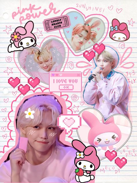 stray kids skz aesthetic graphic design kpop edit poster bang chan lee know seo changbin hwang hyunjin han jisung lee felix kim seungmin yang jeongin sanrio melody Lee Know Laptop Wallpaper Aesthetic, Changbin My Melody, Kpop Sanrio Wallpaper, Kpop Posters Skz, Pink Stray Kids Wallpaper, Stray Kids Cute Wallpaper, Skz Felix Cute, Cute Skz Wallpaper, Skz Sanrio