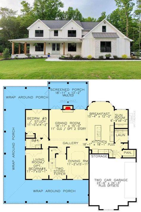 This 6-bedroom New American home features a fresh and clean facade with board and batten siding, stone accents, and a wraparound porch bordered by rustic pillars. Bonus Room Floor Plan, Modern Georgian, Room Floor Plan, Floor Plan Creator, Pool Shed, Northwest Style, Wraparound Porch, American House Plans, Porch House Plans