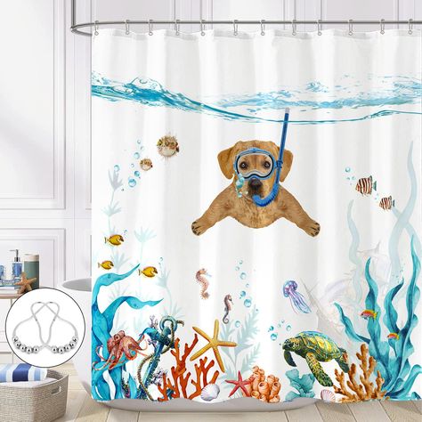 PRICES MAY VARY. 🐶【Material】: Polyester. 72 inches wide × 72 inches high, Includes 12 metal hooks, Without liner. 🐶【Practicality】: High quality polyester fabric shower curtain, Waterproof, Machine Washable, No fading, Quick-drying, Durable. 🐶【Decorative】: It's a lot of fun for dogs to swim with diving equipment on. Vibrant colors can make your mood comfortable, add beauty and vitality to your monotonous bathroom. Your guests will be amazed. It will be the hubs of the bathroom. 🐶【Easy to hang Cat Shower Curtain, Funny Shower Curtains, Coastal Bathroom, Animal Fun, Print Journal, Ocean Fish, Nautical Bathrooms, Notebook Printing, Book And Frame