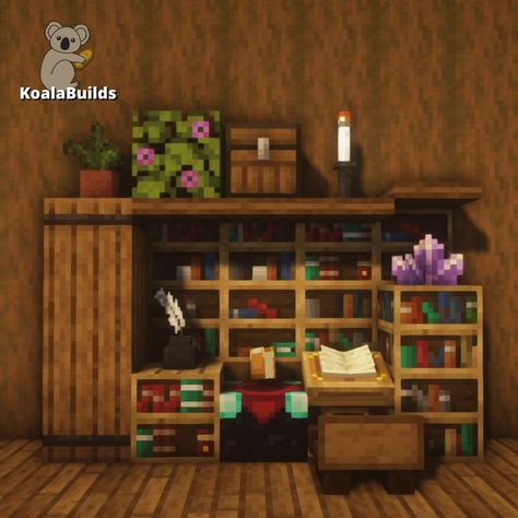 Minecraft Interior Design Small House, Minecraft Cute Living Room, Cute Minecraft Bookshelf Ideas, Window Seat Minecraft, Minecraft Small Dining Table, Cute Minecraft Interior Design Bedroom, Minecraft Spruce House Interior, Bedroom Interior Minecraft, Small Chest Room Minecraft Ideas