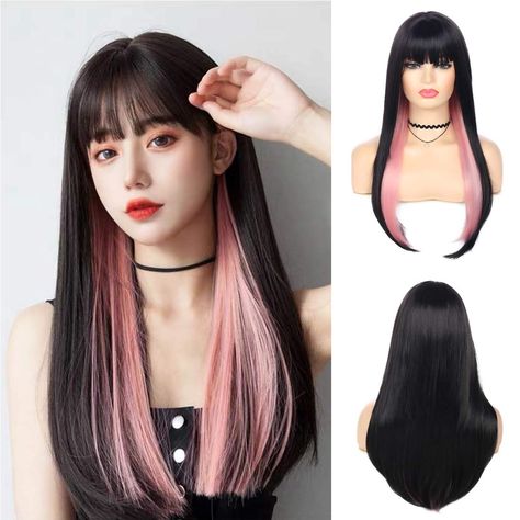 Pink And Black Hair, Black Hair Wigs, Easy Hairstyles For Kids, Long Straight Wig, Mens Wigs, Dark Hair With Highlights, Pretty Hair Color, Long Layered Hair, Hair Dye Colors