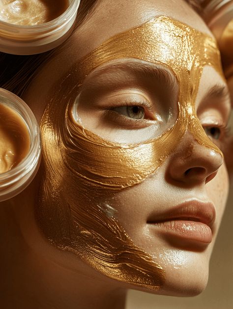 Glowing skin meets luxury in this enchanting close-up, featuring a golden facial mask and soft beauty products that evoke indulgence. Golden Facial, Beauty Ecommerce, Gold Face Mask, Soft Beauty, Gold Face, Facial Mask, Facial Masks, Glow Up?, Website Template