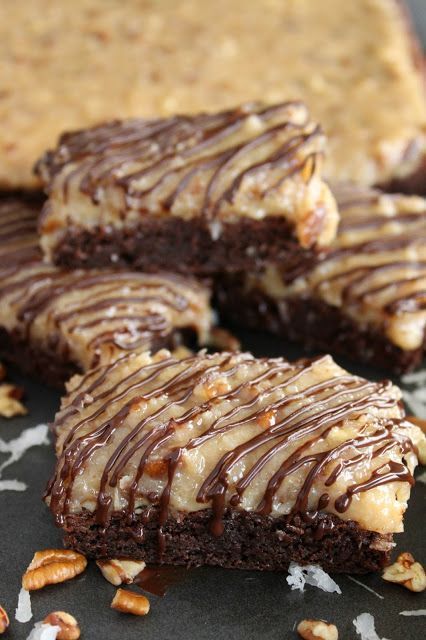 Cake Cookie Bars, German Chocolate Bars, German Chocolate Brownies, German Chocolate Cookies, Chocolate Cookie Bars, Coconut Pecan Frosting, German Baking, Brownie Toppings, Coconut Pecan