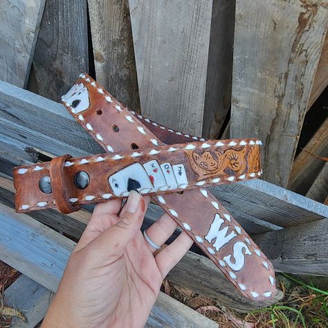 Custom belt #6 I really love how this one turned out. Might be my favorite 😍 ♤♡◇♧ Thank you @wesleystew005 for your order ◇ ◇ ◇ ◇ ◇ #leathertooling #leatherbelt #western #sheridan #deckofcards #western ##westernlifeandstyle Tooled Belt, Leather Goodies, Leather Tool Belt, Casino Theme Party Decorations, Cowboy Stuff, Tooled Leather Belts, Leather Designs, Western Accessories, Custom Belt