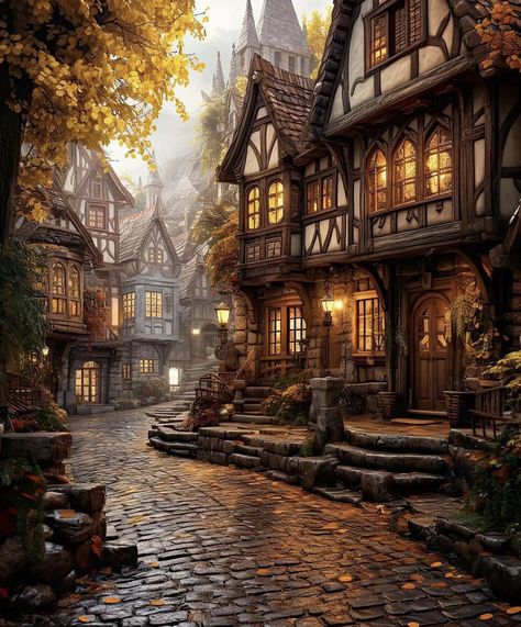 Fantasy Place Art, Me As A Place, Autumn Architecture, Autumn Village, Victorian Town, Fantasy Houses, Fantasy Village, Birds Singing, Fantasy Town