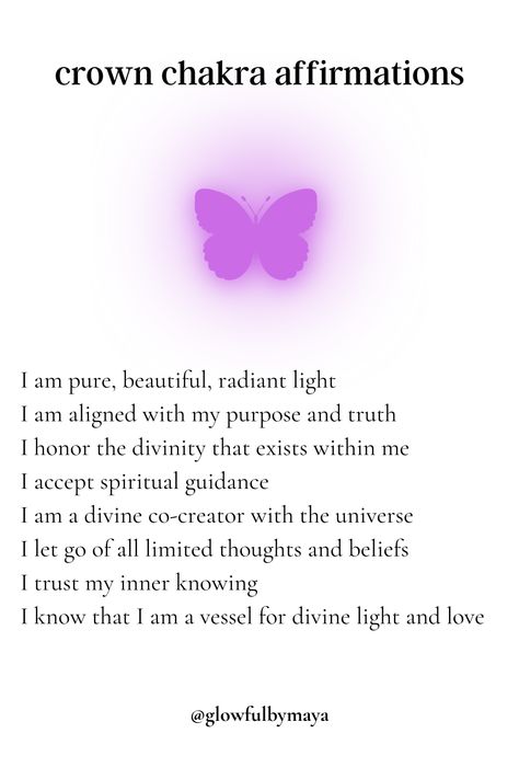 Positive Spiritual Affirmations, Crown Affirmations, Affirmations For Chakras, Chakra Affirmations Mantra, Crown Chakra Affirmation, Soul Affirmations, Chakras Affirmations, Self Love Spirituality, Chakras Aligned