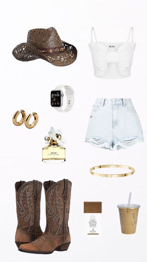 Coastal cowgirl 🤠#preppy #coastalcowgirl #cute #trendy #ootd #inspo Cowgirl Concert, Stagecoach Outfits, Cowgirl Preppy, Stagecoach Outfit, Bartender Outfit, Rodeo Baby, Brown Boots Outfit, Preppy Country, Coach Outfits