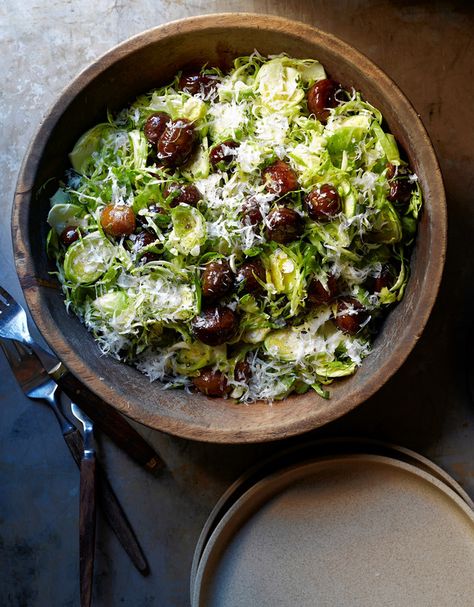 Shaved Brussels Sprout, Chestnut and Parmesan Salad Chestnut Salad, Salad For Fall, Sarah Smart, Chicken Pesto Pasta Salad, Shaved Brussel Sprouts, Parmesan Salad, Salad Recipes Video, Brussels Sprout, Sprouts Salad