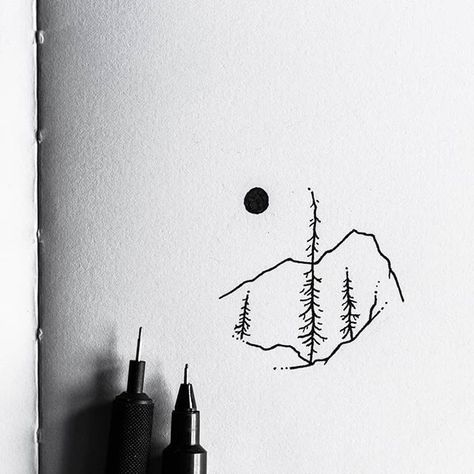 Message Illustration, Tree Moon, Cali Trip, Mountain Tree, Landscape Tattoo, Mountain Drawing, Minimalist Drawing, Landscape Sketch, Minimalist Landscape