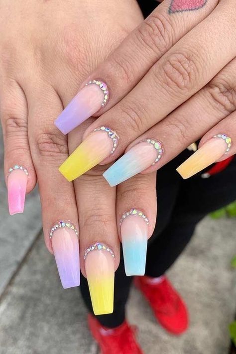 (paid link) What Are coffin nails designs short? coffin nails designs short are essentially stiletto nails, but with a square and flat tip instead of a pointy tip. Also known as ballerina nails, ... Nail Art Cute, Bright Summer Acrylic Nails, Short Coffin Nails Designs, Different Color Nails, Purple Ombre Nails, Multicolored Nails, Pink Ombre Nails, Nail Tutorial, Ombre Acrylic Nails