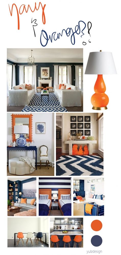 navy + Orange - I'm doing teal and orange, but I LOVE the execution! Blue And Orange Living Room, Living Room Navy, Orange Rooms, Living Room Orange, Coastal Living Rooms, Blue Living Room, Big Boy Room, New Living Room, A Living Room