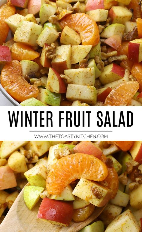 Winter fruit salad recipe by The Toasty Kitchen. Winter fruit salad is filled with fresh apples, pears, mandarin orange slices, and chopped walnuts. Drizzled with a spiced maple orange dressing, the perfect flavors for the holidays. #winterfruitsalad #fruitsalad #christmas #cinnamon #apples #pears #orange #recipe Winter Fruit Salad Recipe, Fall Fruit Salad, Orange Fruit Salad, Orange Recipe, Orange Dressing, Winter Fruit Salad, Fall Fruit, Fruit Salad Recipe, Fruit Salad Easy