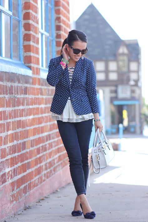 Banana Republic polka dot blazer, Maison Jules Ruffle hem top, Gap cropped jeans, Charming Charlie, Halogen navy bow suede pumps Polka Dot Blazer Outfit, Stylish Petite, Polka Dot Blazer, Retro Girls, Lifestyle Travel, Hem Top, Blazer Outfits, Charming Charlie, Suede Pumps