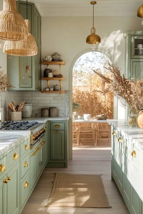 Sage Green Oak Kitchen, Sage Wood Kitchen, Sage And Terracotta Kitchen, Sage And Gold Kitchen, Beige Green Kitchen, Sage Green Kitchen Aesthetic, Green And Cream Aesthetic, Green Aesthetic Kitchen, Sage Green And Wood Kitchen